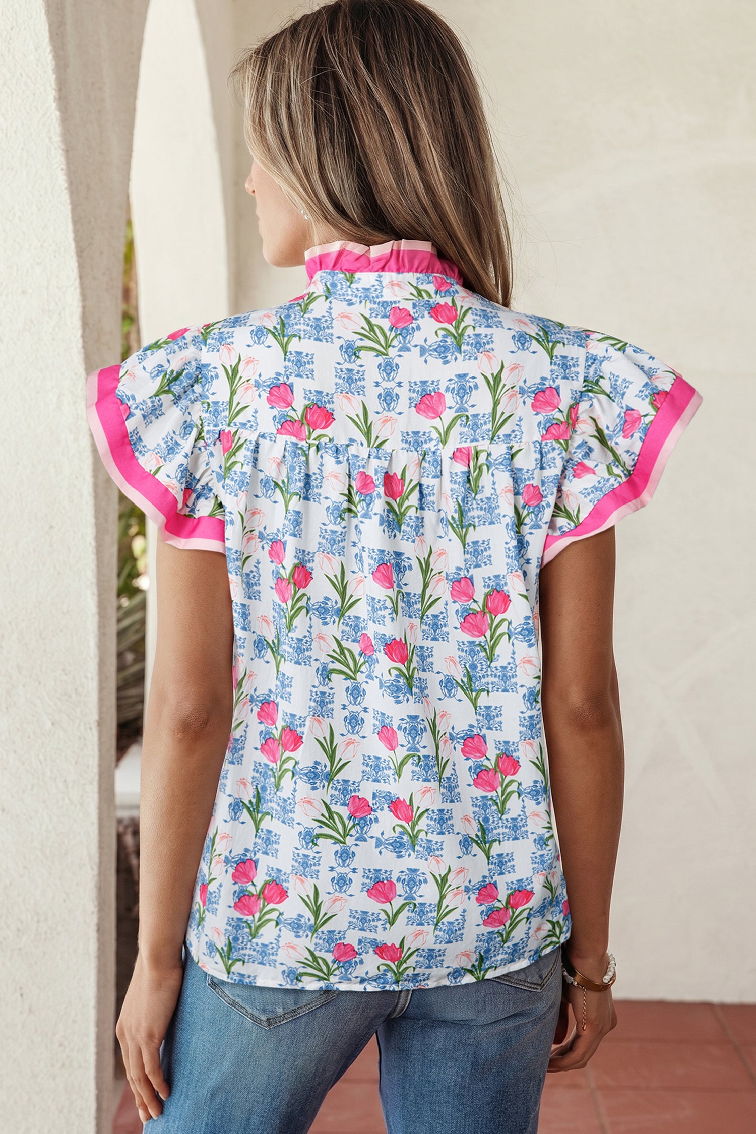 Rose Floral Print Color Block Striped Trim Flutter Sleeve Half Button Blouse