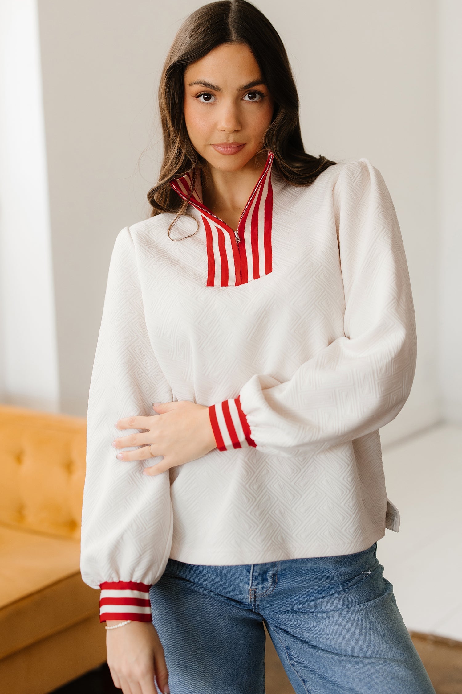 White Textured Knit Contrast Striped Accent Zipped Collar Pullover Top