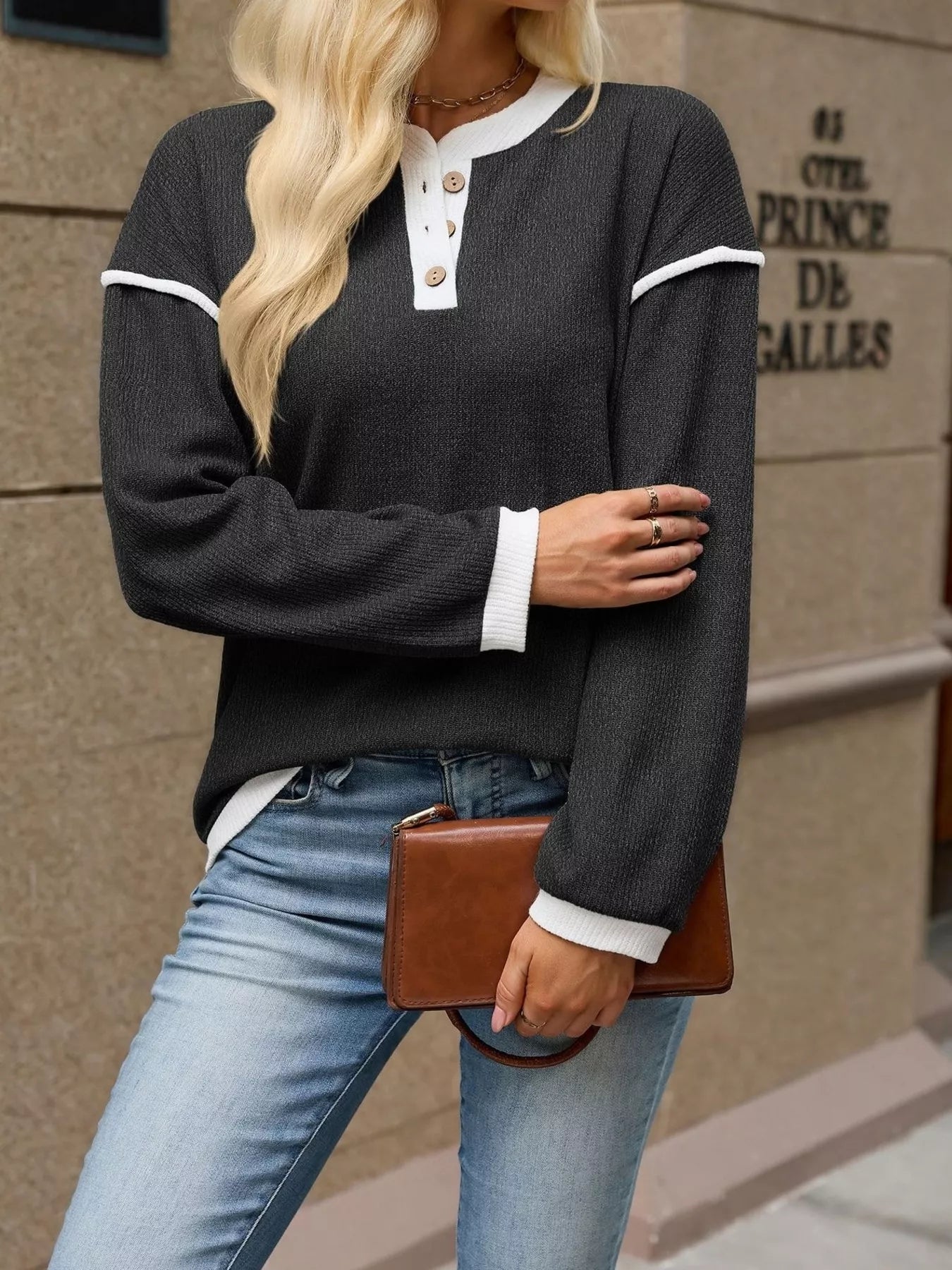 Button Detail Dropped Shoulder T-Shirt