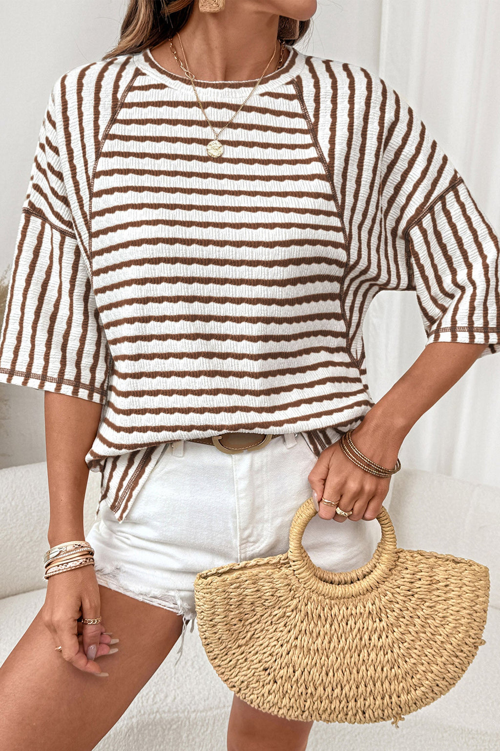 Brown Stripe Textured Knit Split Hem Half Sleeve Loose Top