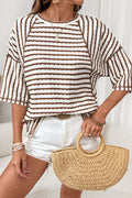 Brown Stripe Textured Knit Split Hem Half Sleeve Loose Top