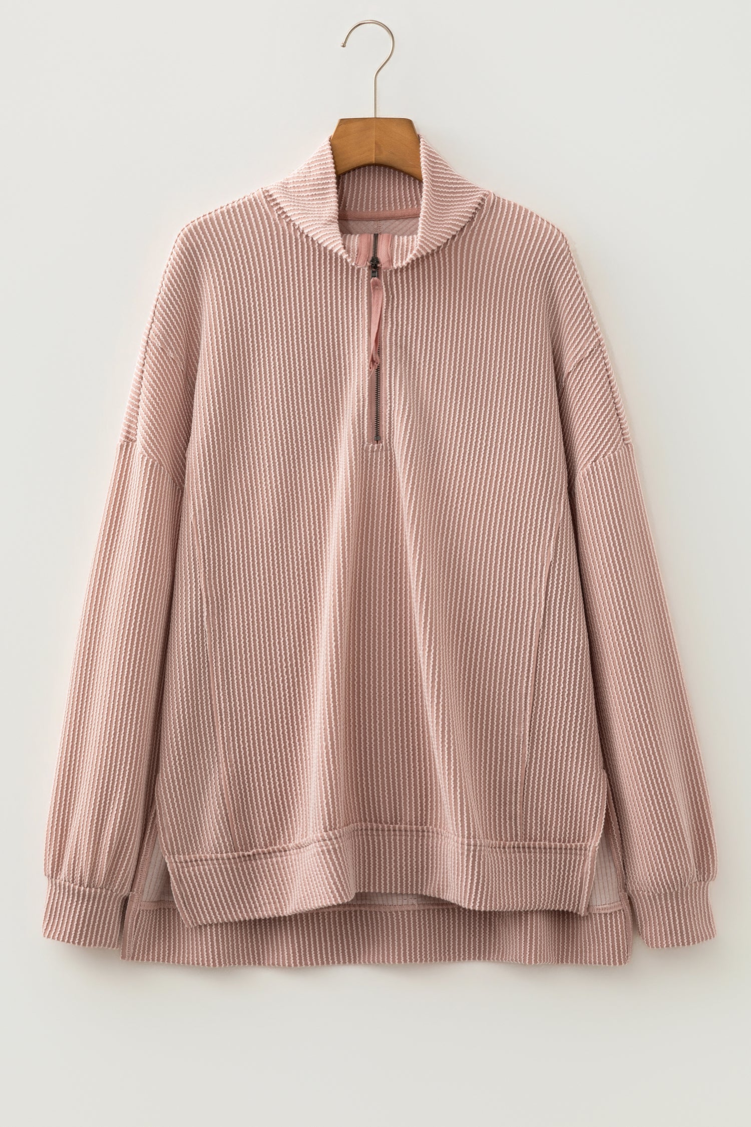 Corded Knit Zipper Collar Drop Shoulder Long Sleeve Top