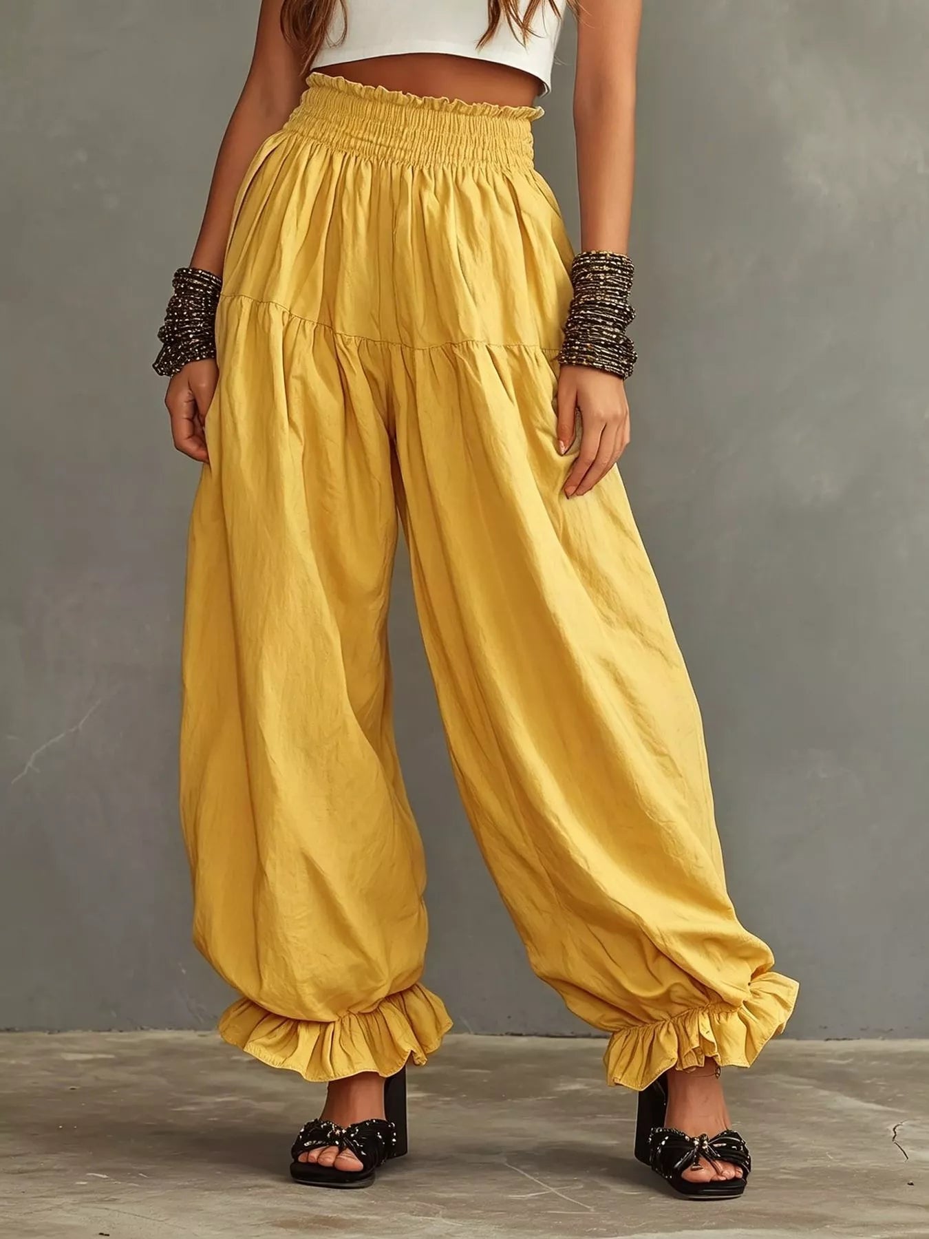 Full Size Smocked Ruffle Hem Wide Leg Pants Plus Size