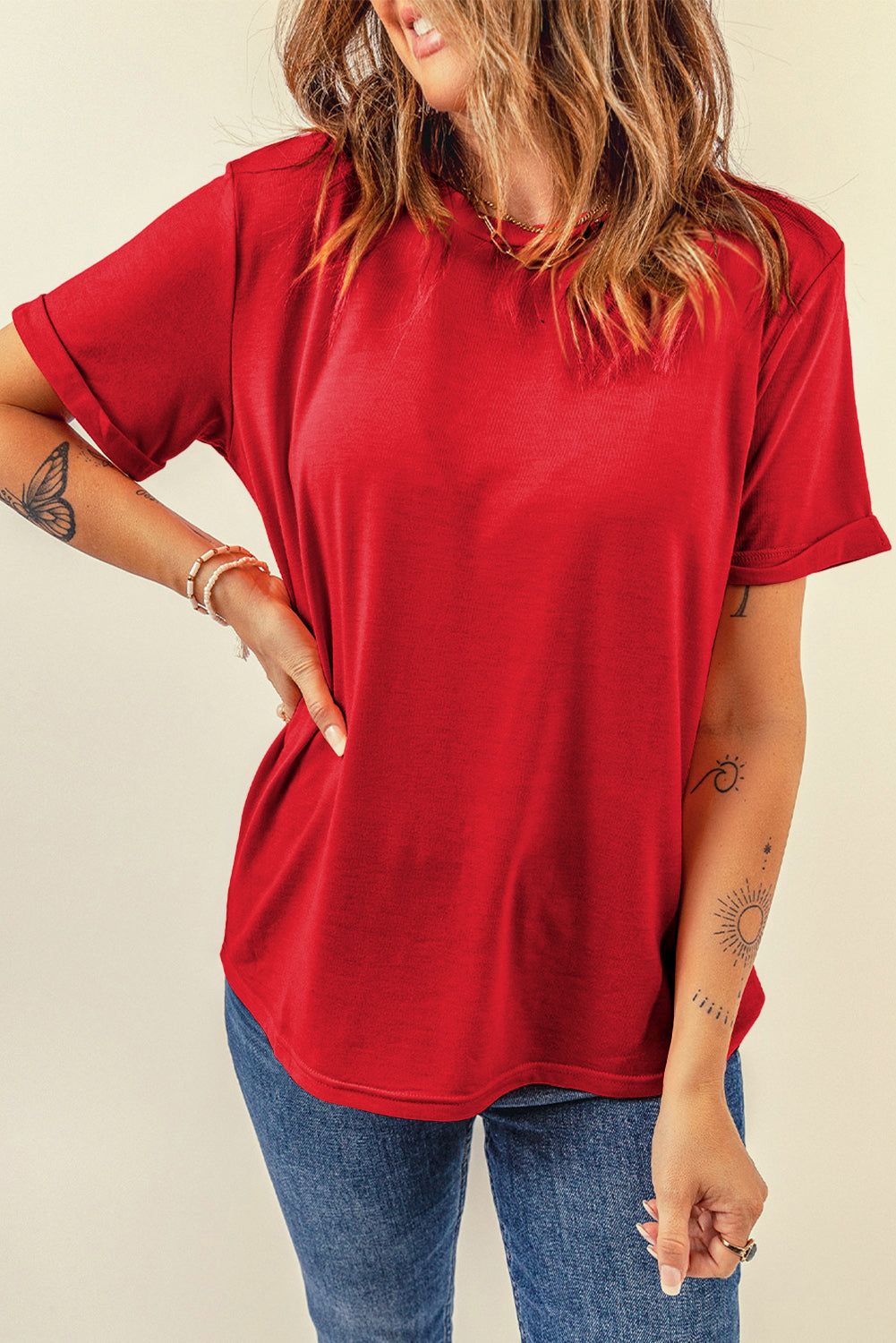 Dearlove Red Casual Plain Crew Neck Tee