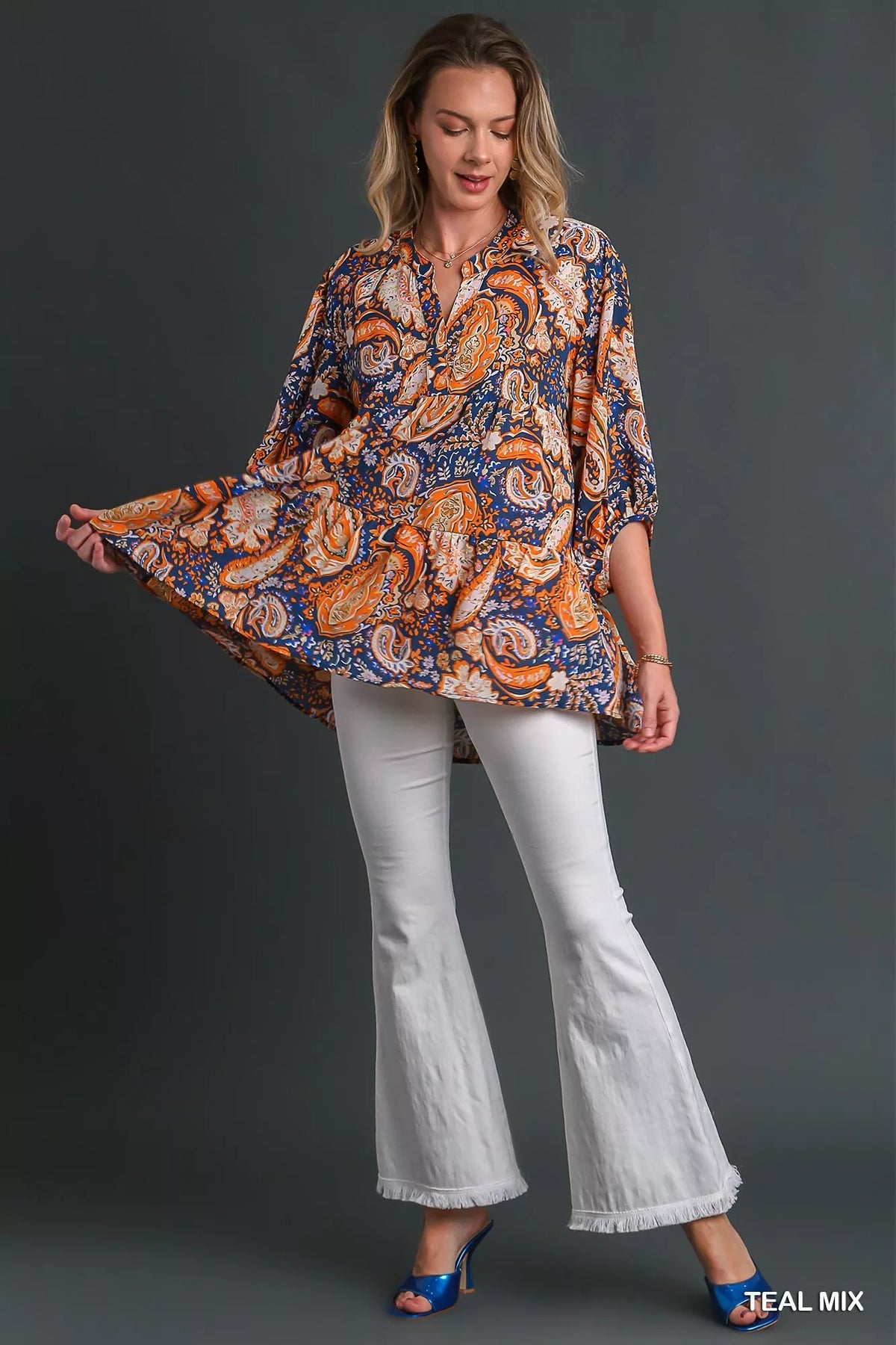 Paisley Boho Tunic Blouse with High-Low Hem