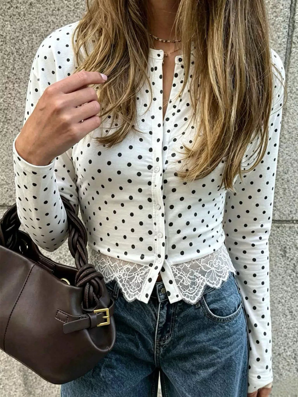 Polka Dot Long Sleeve Top with Lace Trim