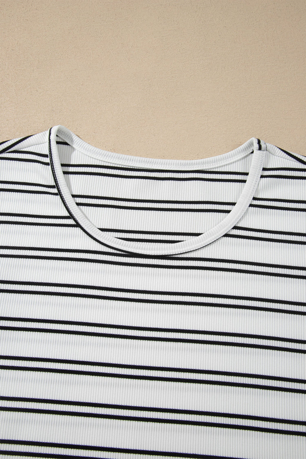 Beige Stripe Ribbed Knit Round Neck Long Sleeve Top