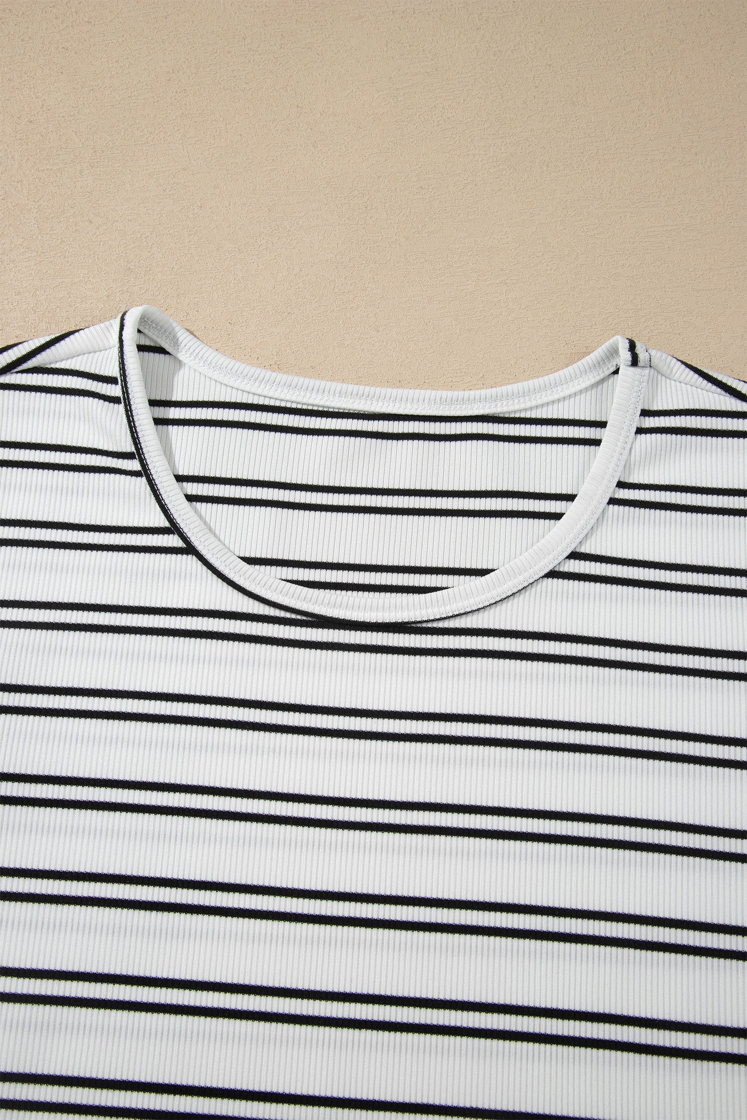 Beige Stripe Ribbed Knit Round Neck Long Sleeve Top