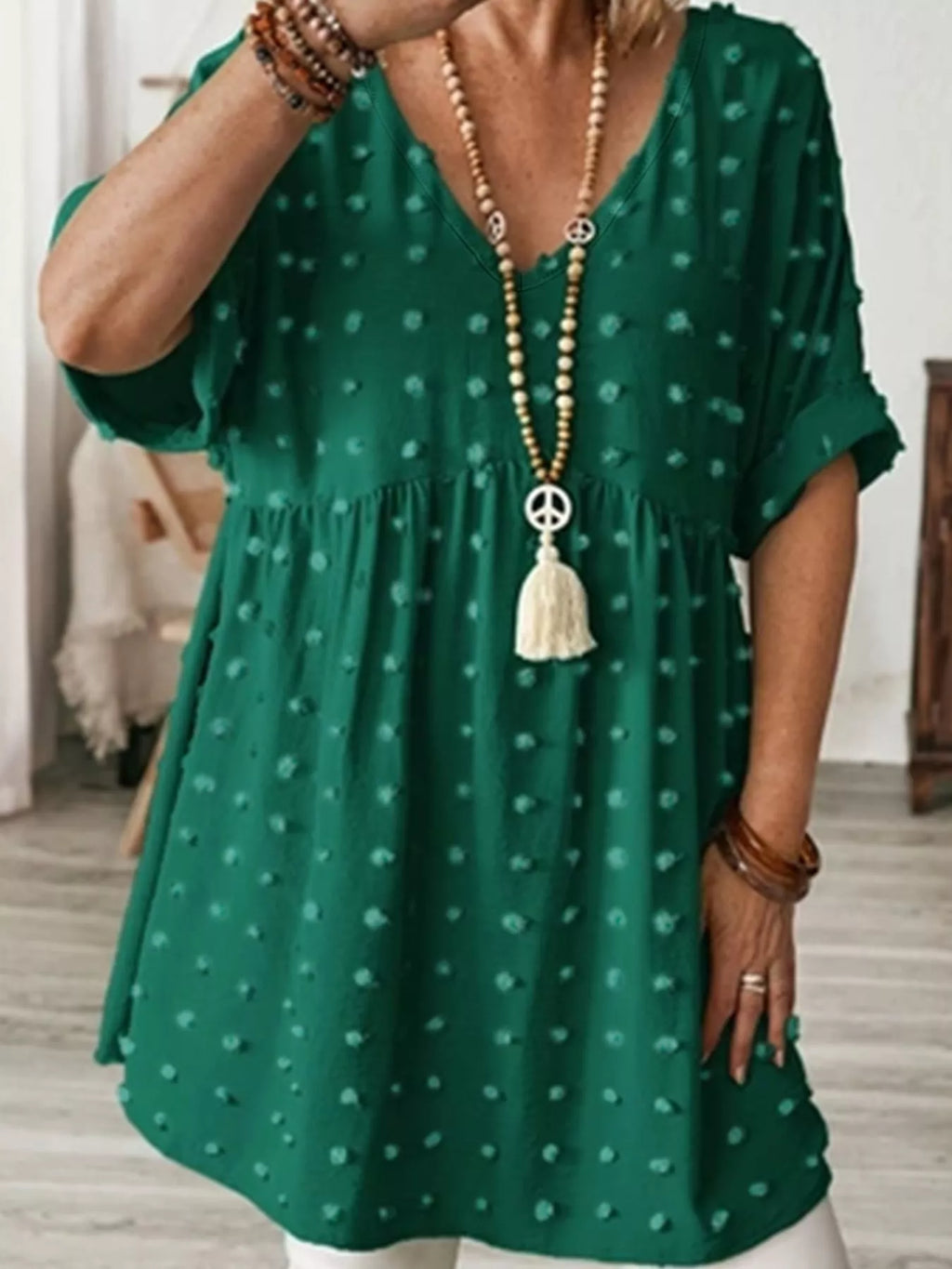 Plus Size Swiss Dot V-Neck Casual Blouse