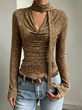 Textured Cowl Neck Long Sleeve Blouse with Scarf Detail