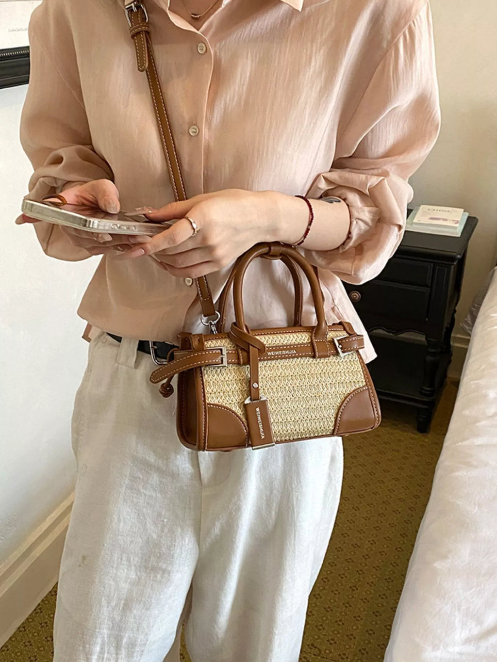 Leather Trim Woven Crossbody Bag