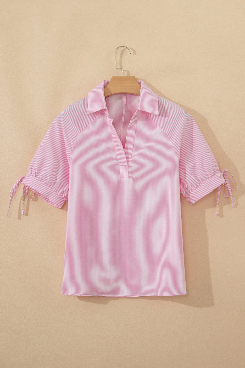 Pink Striped Print Collared Split Neck Half Sleeve Blouse