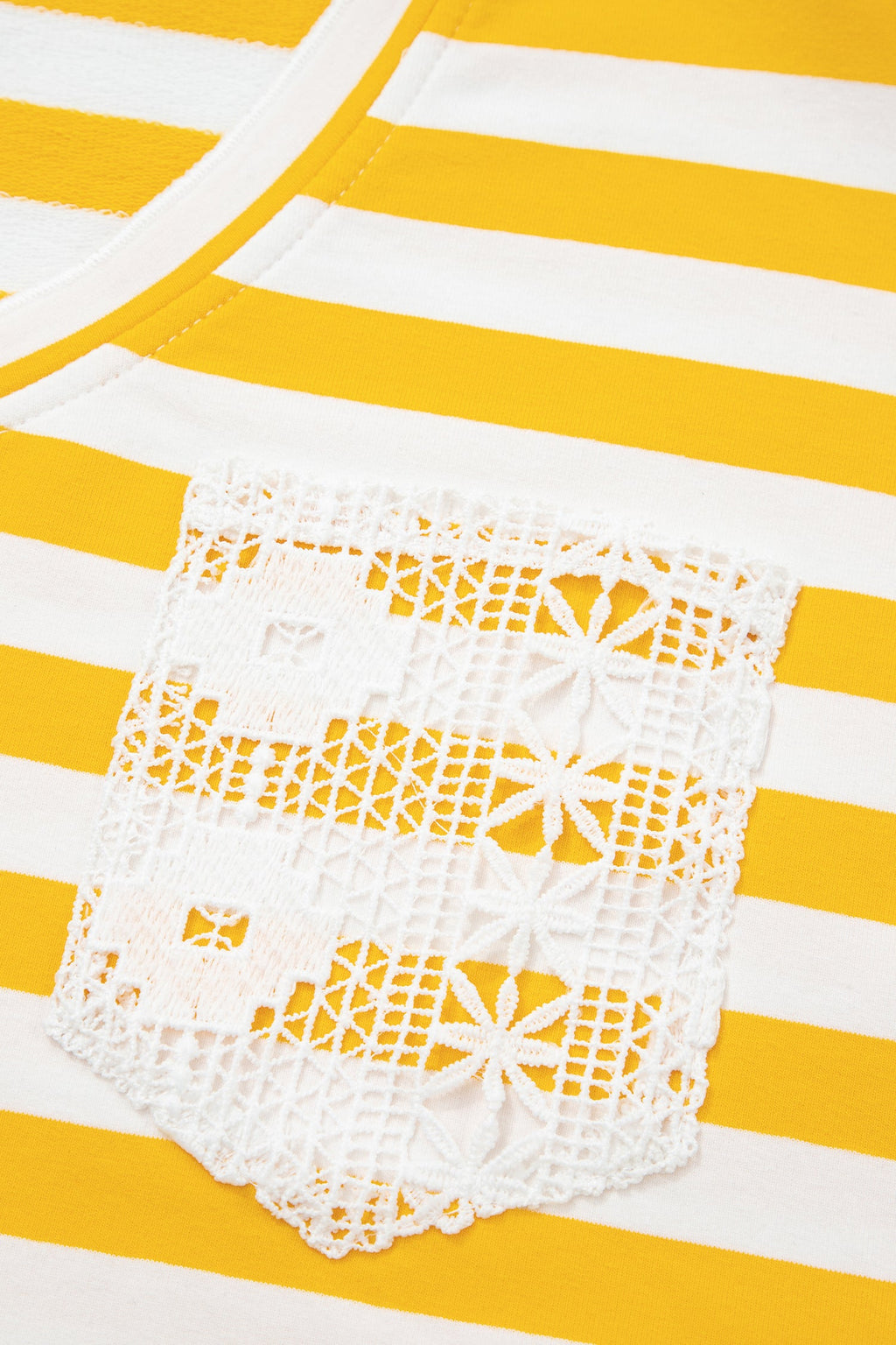 Yellow Stripe Striped Lace Patchwork V Neck Long Sleeve Top