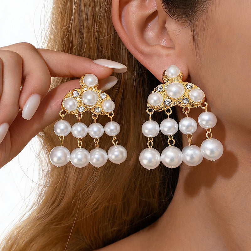 Women French Retro Rhinestone Pearl Tassel Dangle Stud Earrings,Vintage Style Heavy Craft Elegant Versatile Fashion Jewelry For Daily Banquet Occasion
