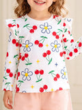 Children's Cherry & Flower Print Ruffled Long Sleeve T-Shirt