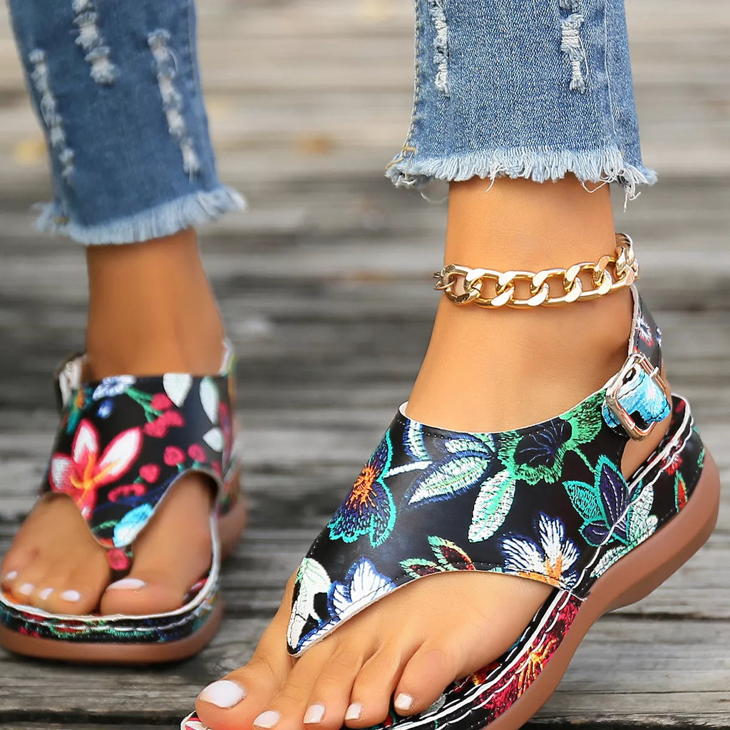Floral Thong Wedge Sandals