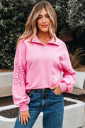 Bonbon Embroidered Flower Patchwork Snap Buttons Pullover Sweatshirt