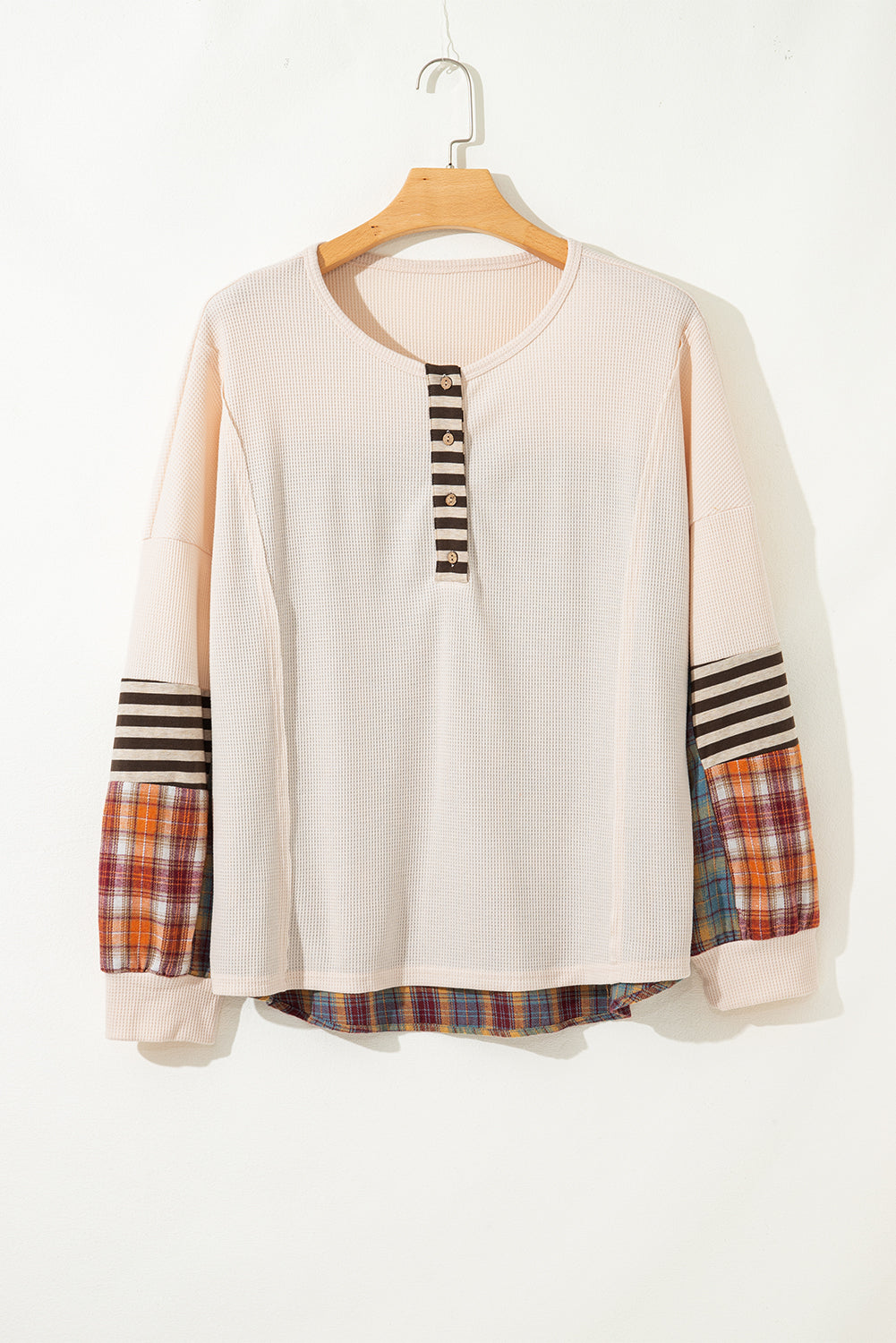 Plus Size Stripe Plaid Patchwork Waffle Top