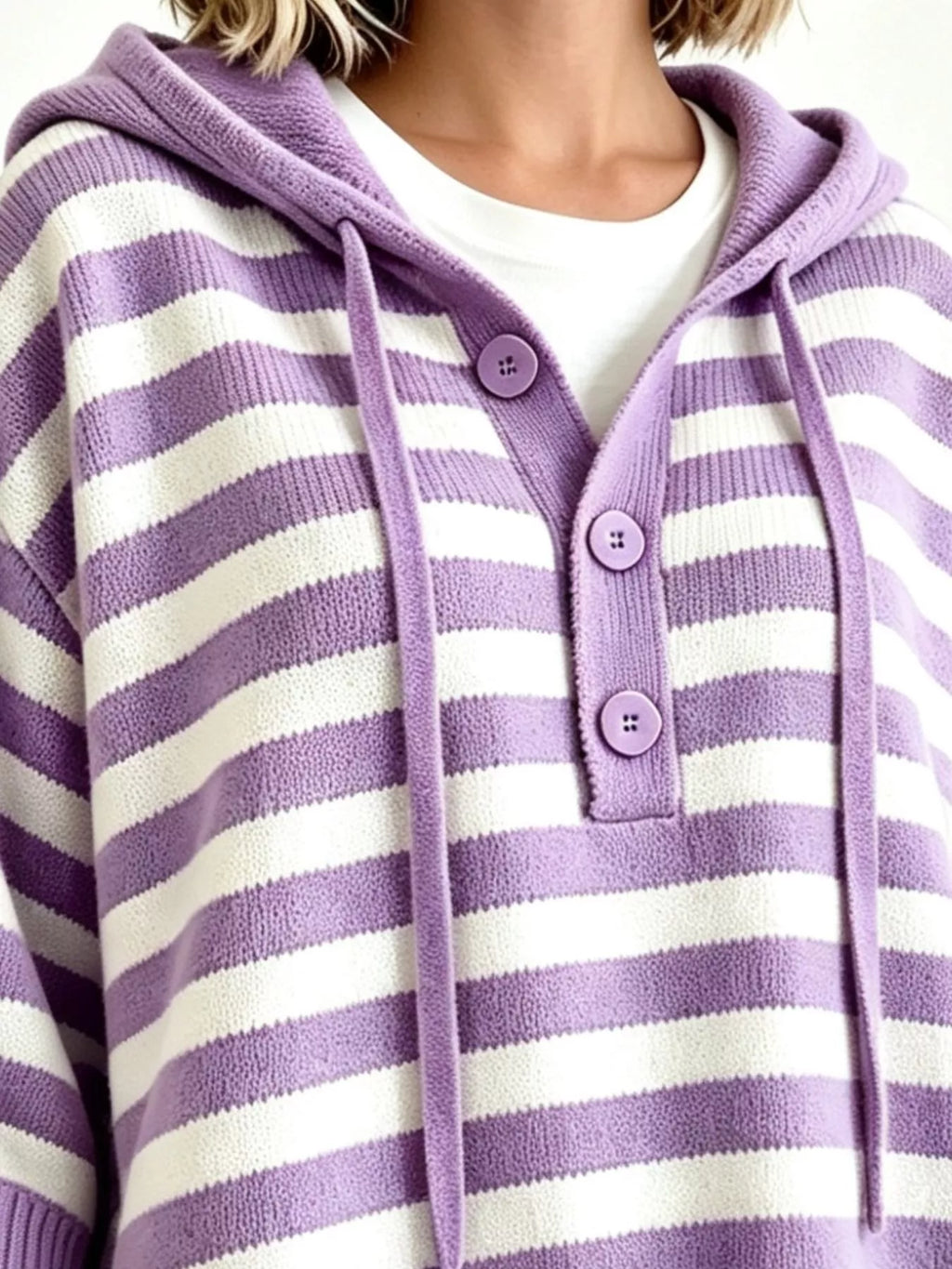 Striped Hooded Sweater with Button Detail