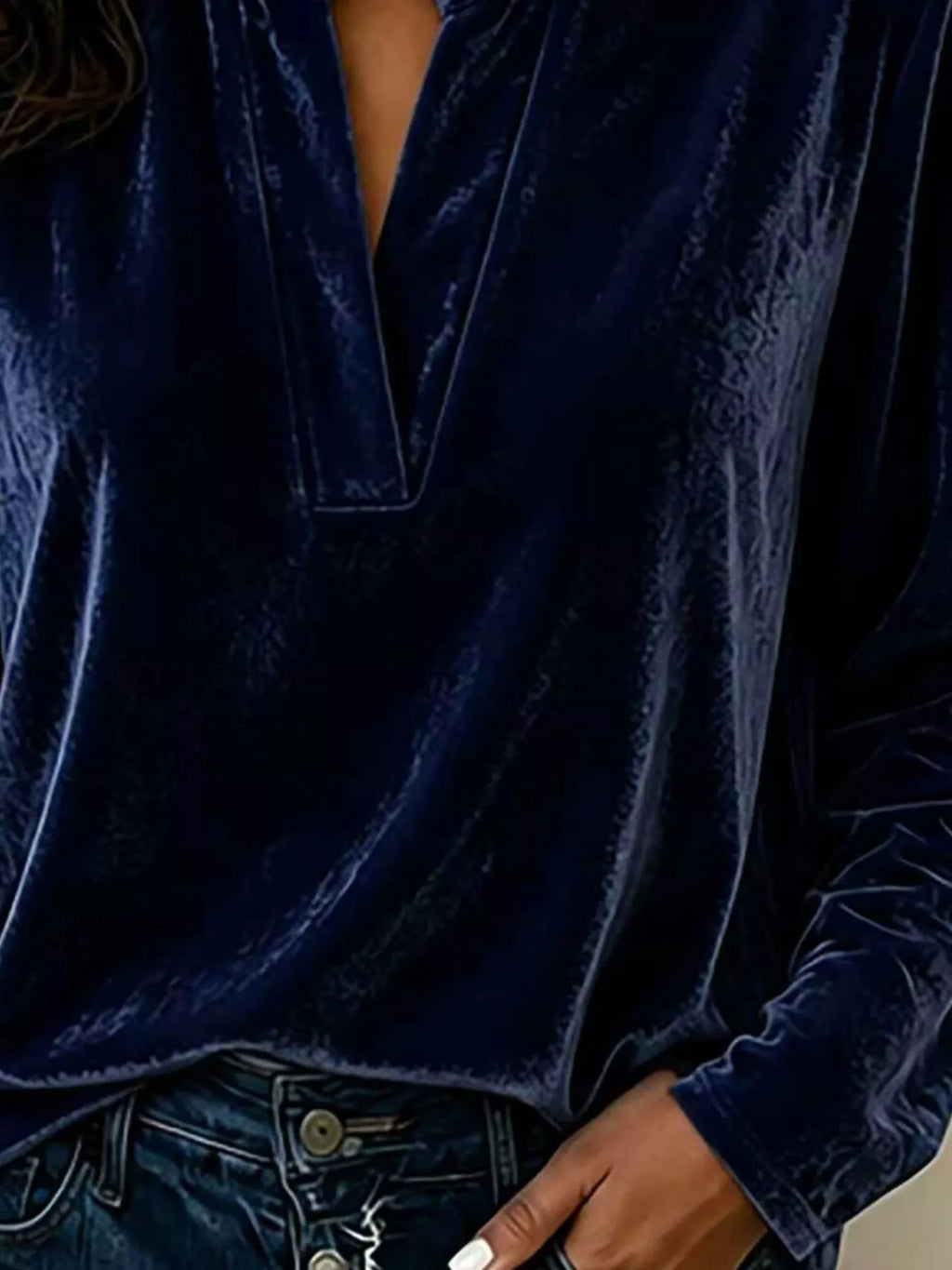Full Size Velvet Notched Long Sleeve Blouse Plus Size