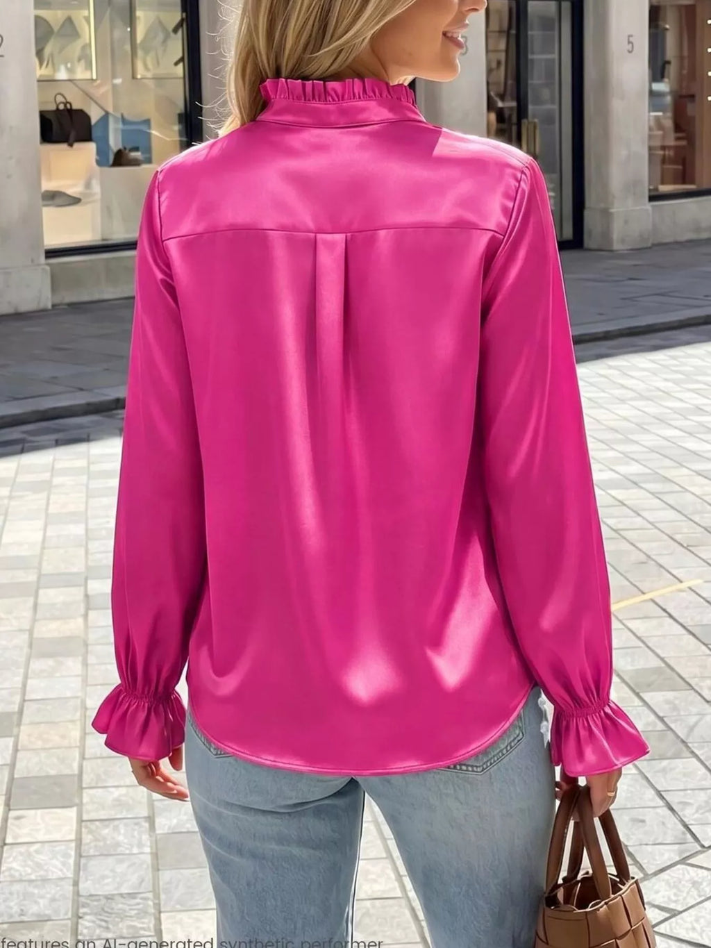 Elegant Button Down Ruffle Trim Satin Shirt