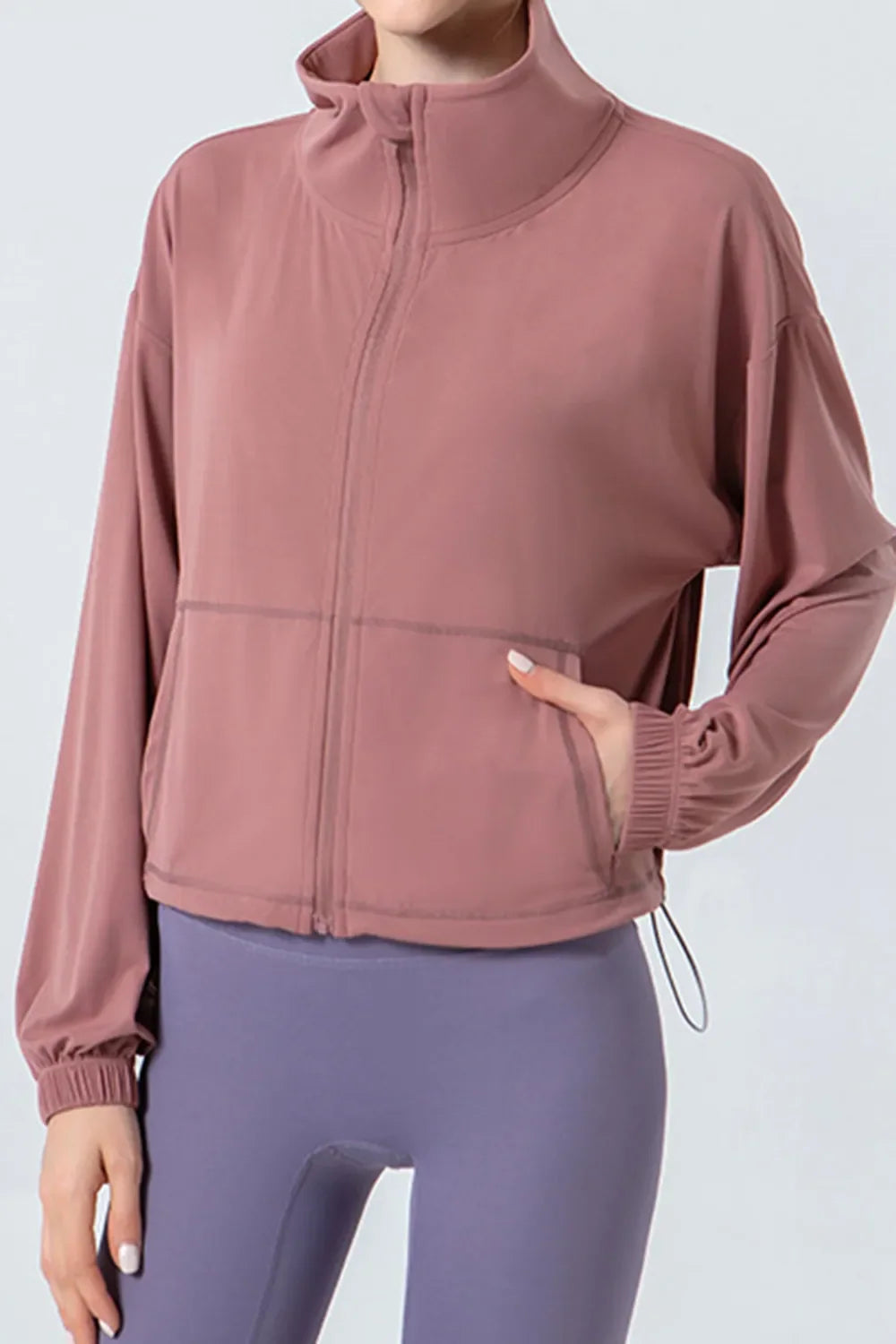Drawstring Zip-Up Cropped Dropped Shoulder Active Jacket