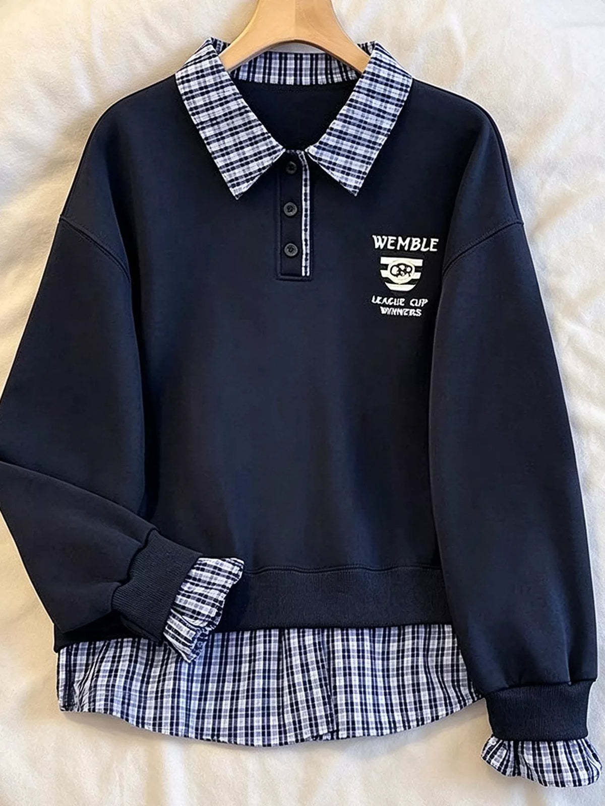 Plaid Collared Faux-Layered Hem Sweatshirt