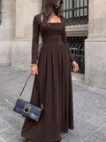 Ruched Square Neck Long Sleeve Maxi Dress