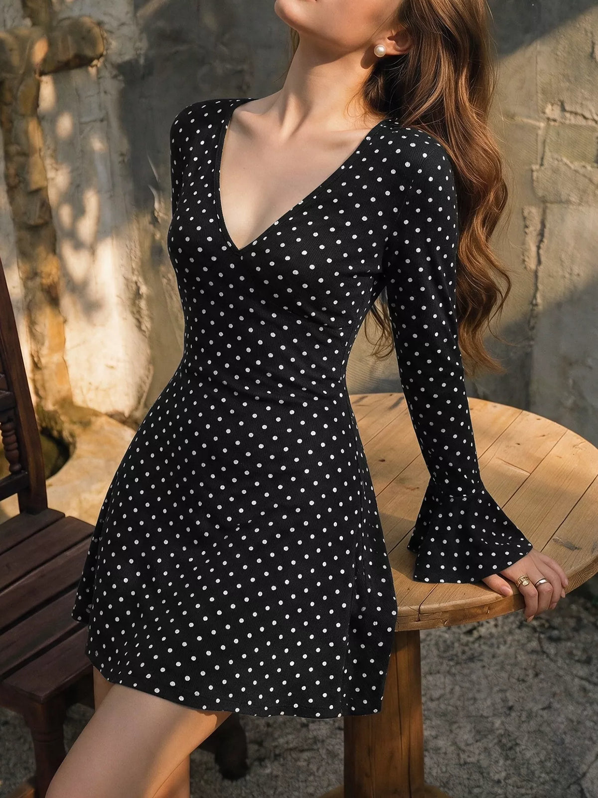 Polka Dot Long Sleeve Ruffle Hem Mini Dress