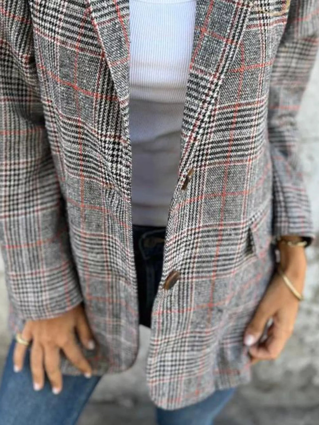 Plaid Single-Breasted Long Sleeve Blazer – Plus Size