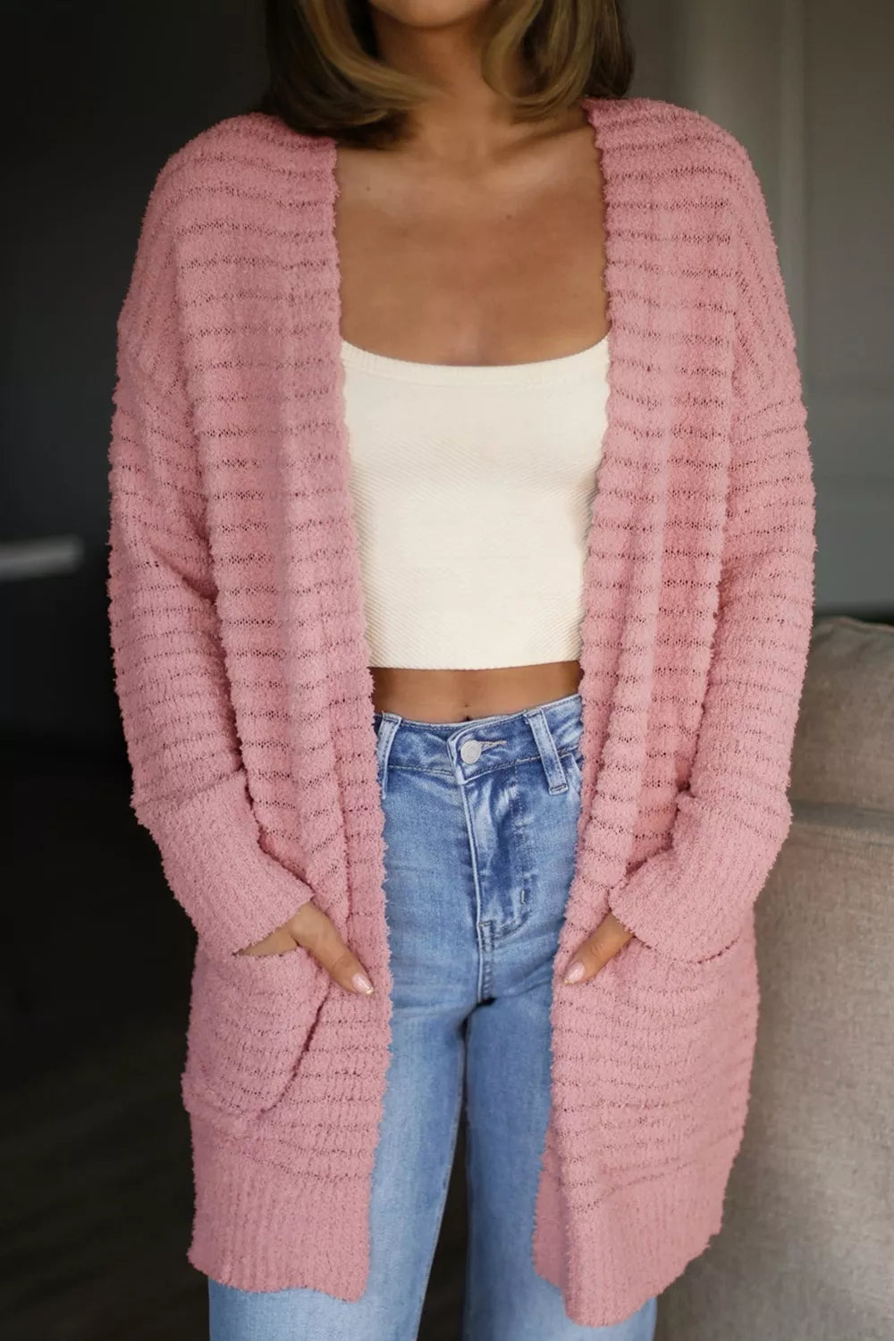 Open Front Soft Fuzzy Ribbed Sweater Cardigan
