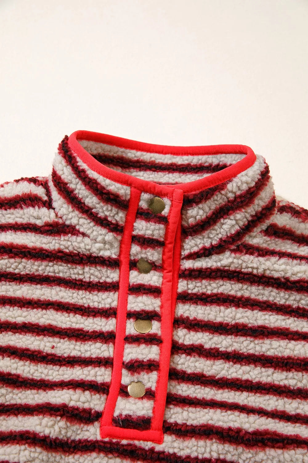 Striped Fuzzy Colorblock Button Placket Sweatshirt