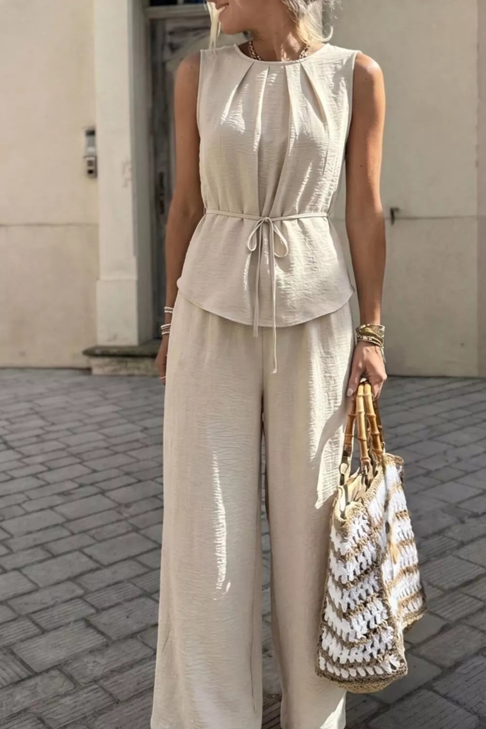 Pleated Sleeveless Top and Wide-Leg Pants Set