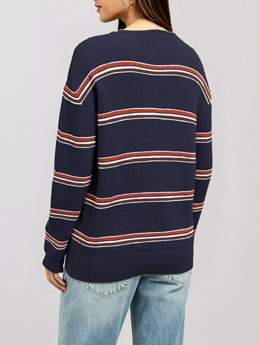Striped Ribbed Knit Top with Keyhole Neckline