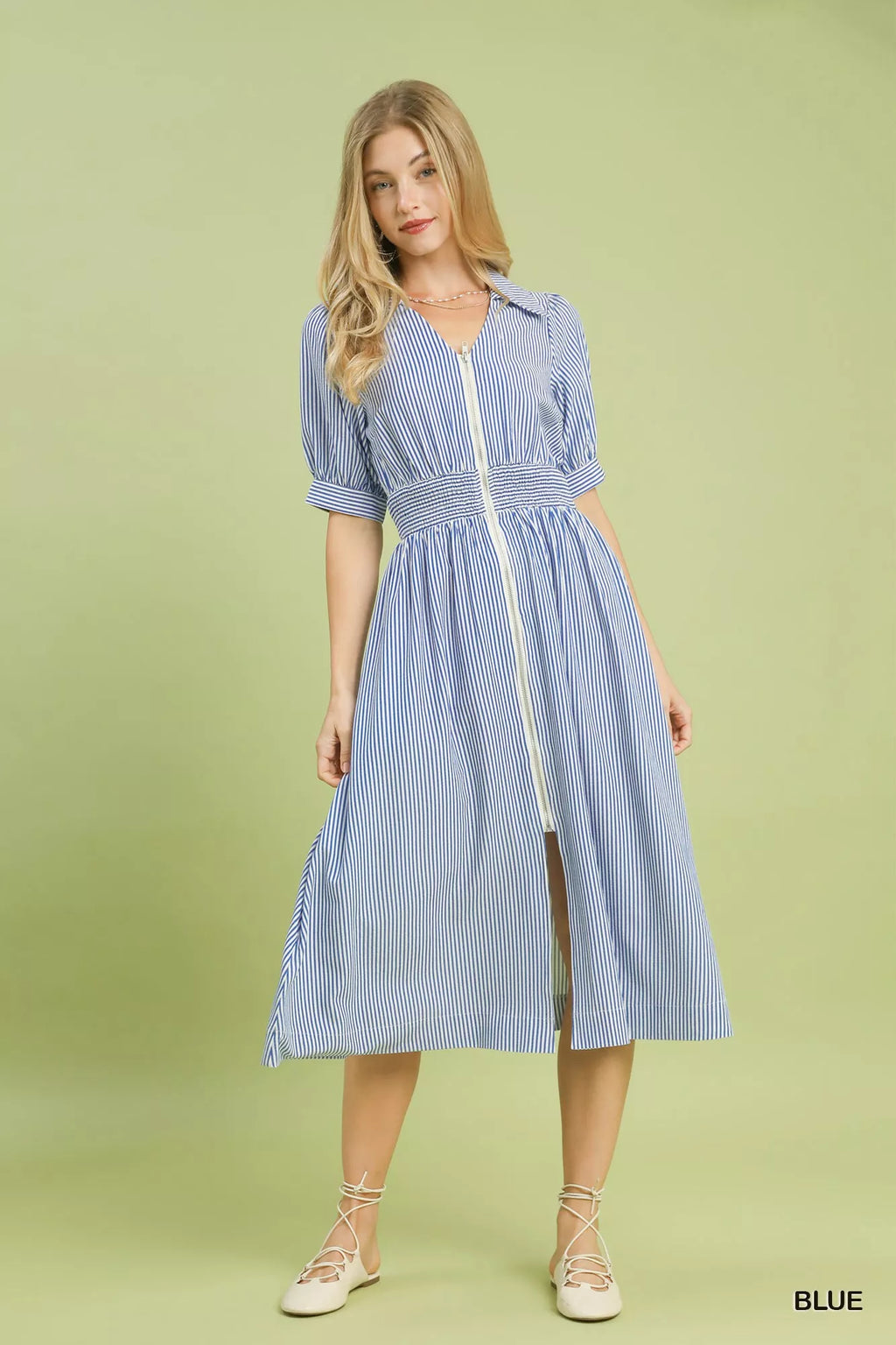 Umgee Striped Midi Dress with Front Zipper