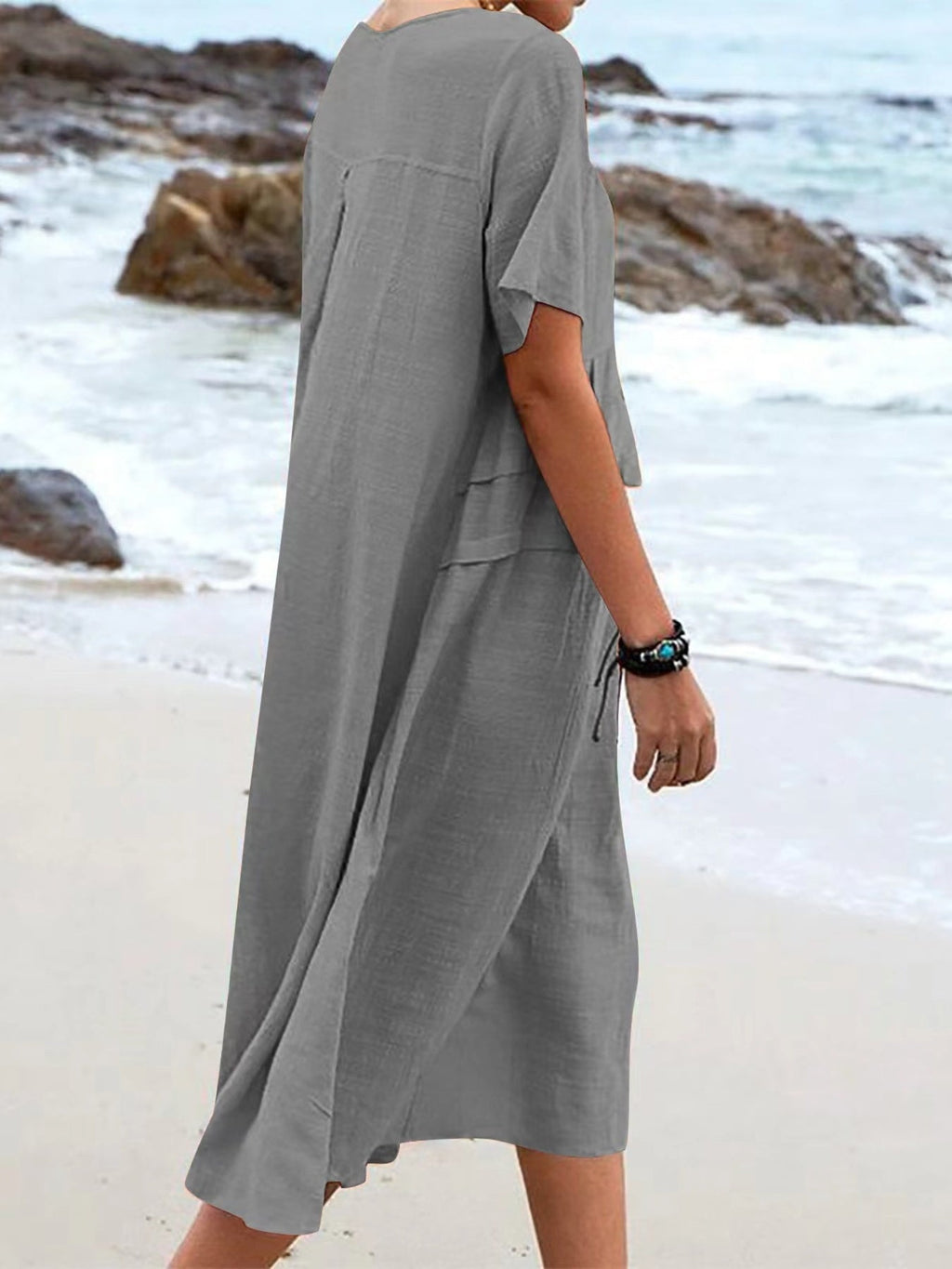 Full Size Casual Linen Blend Midi Dress Plus Size