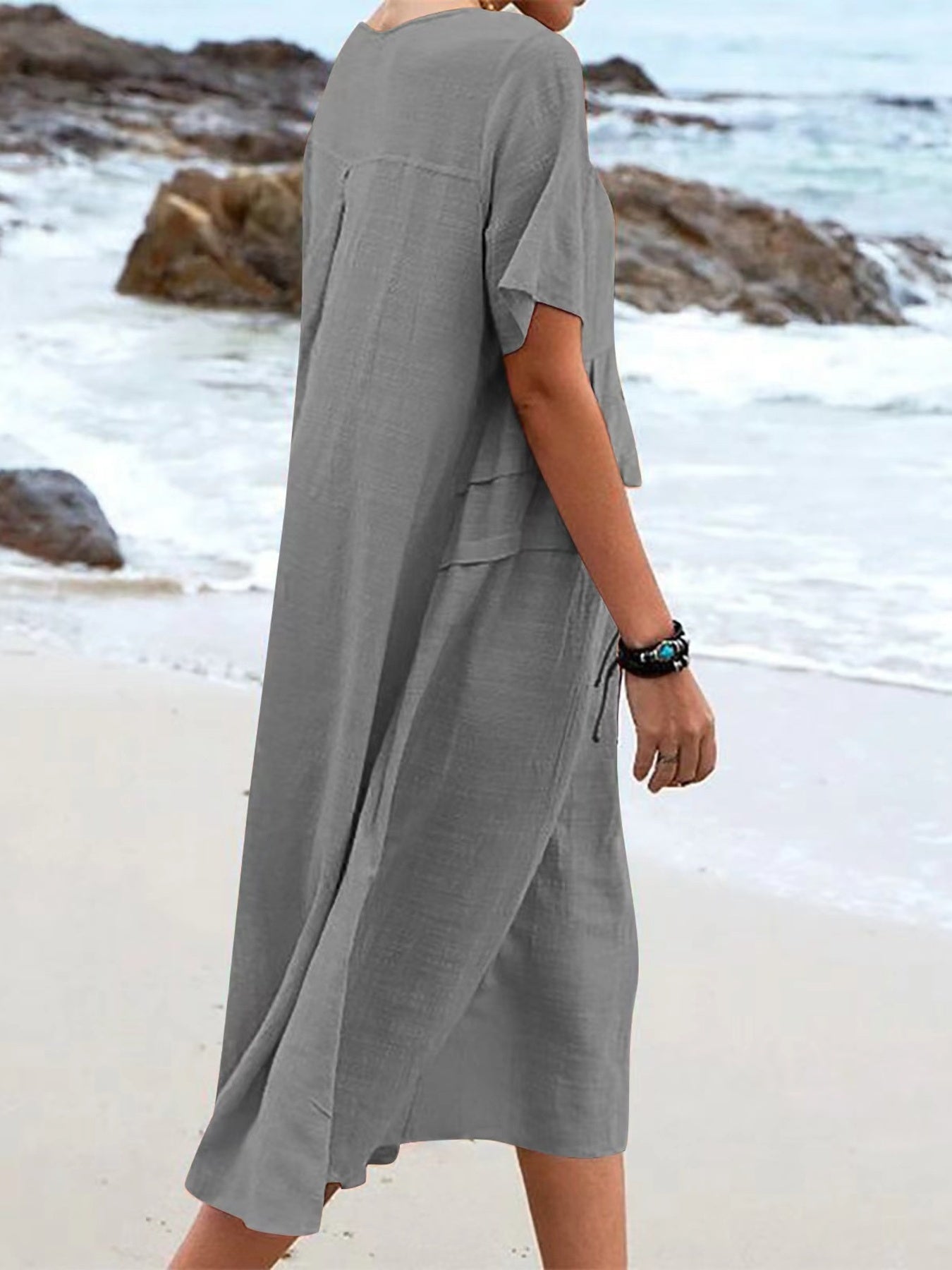 Full Size Casual Linen Blend Midi Dress Plus Size