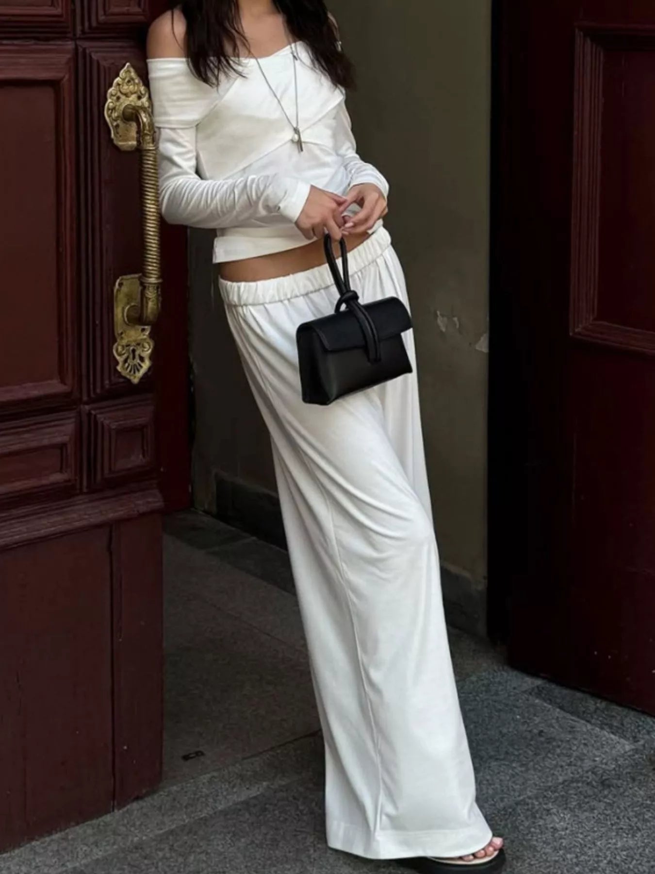 Off-Shoulder Long Sleeve Top and Wide-Leg Pants Set