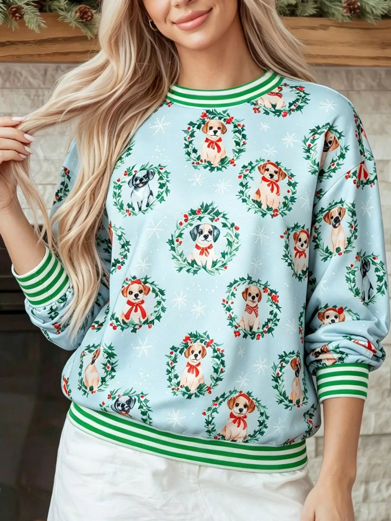 Abstract Dog Print Ribbed Cuff Round Neck Long Sleeve Sweatshirt