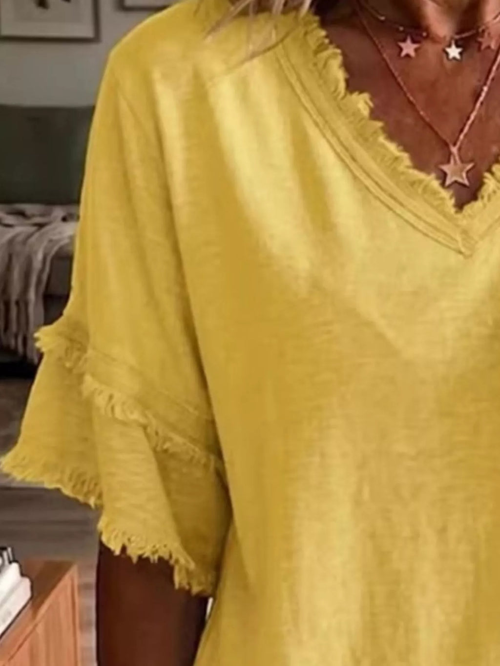 Full Size Frayed Edge V-Neck Blouse Plus Size