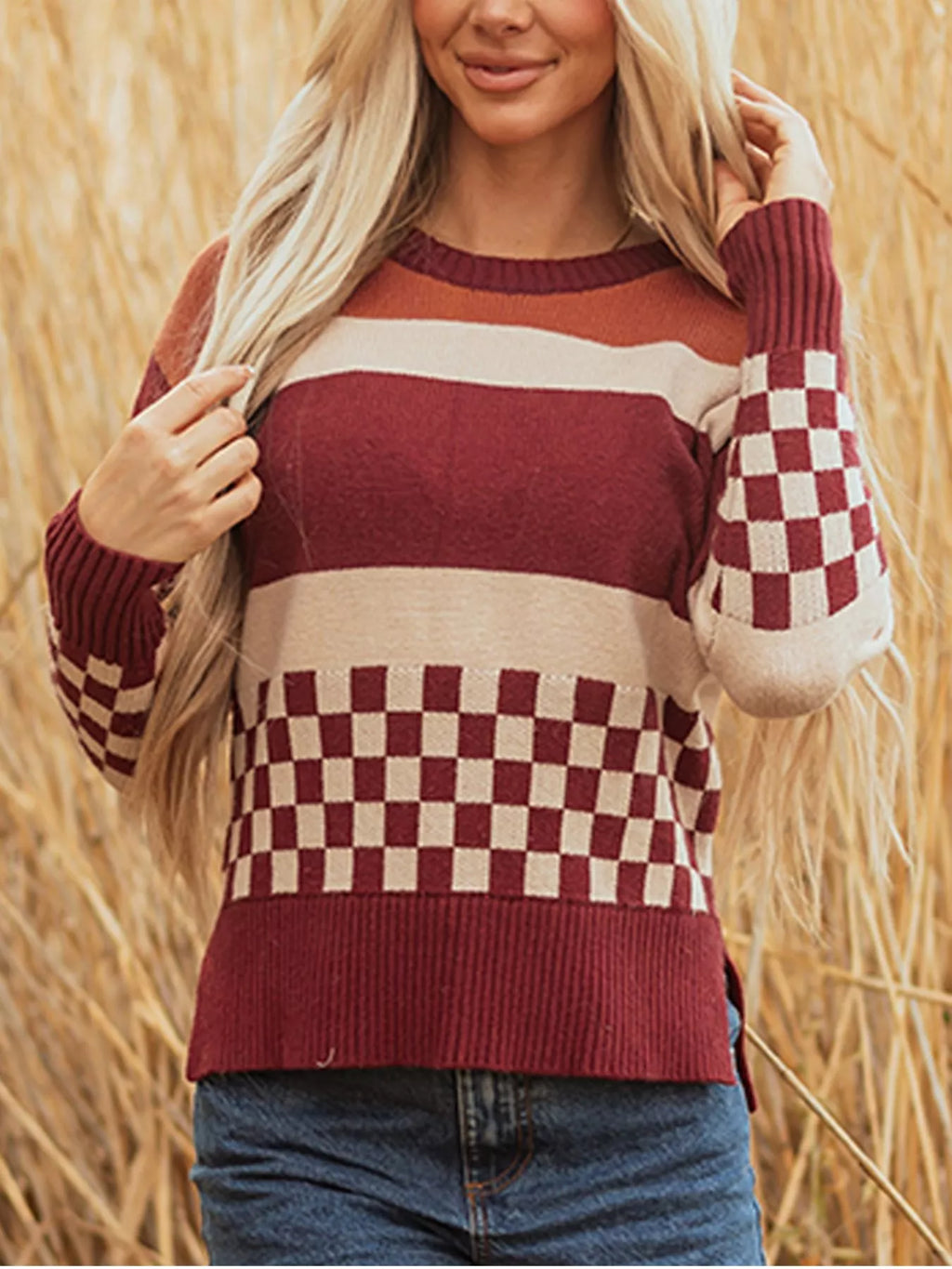 Checkered Color Block Knitted Drop Shoulder Sweater
