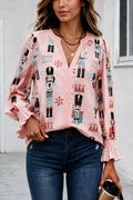 Nutcracker Print Notched Flounce Sleeve Blouse