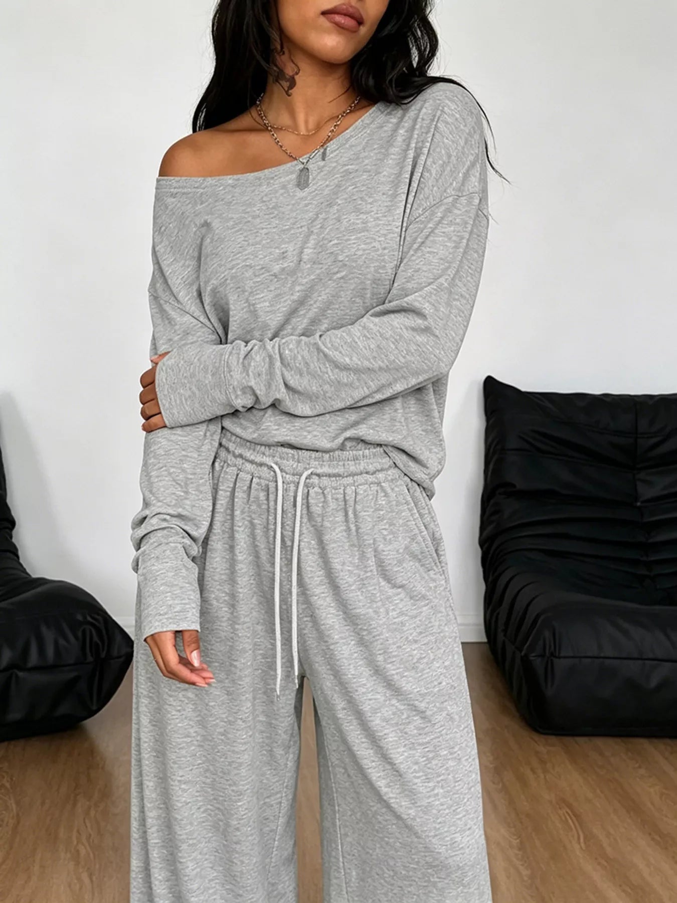 Full Size One-Shoulder Top and Drawstring Pants Set Plus Size