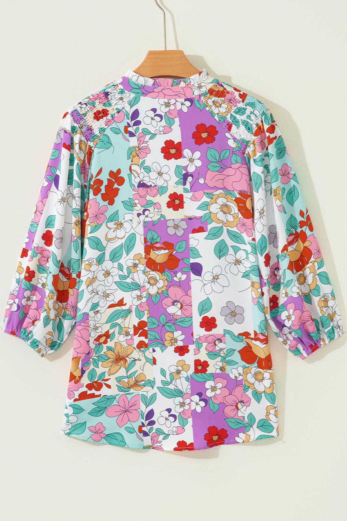 Floral Patchwork Frilled Neck Long Sleeve Shirt