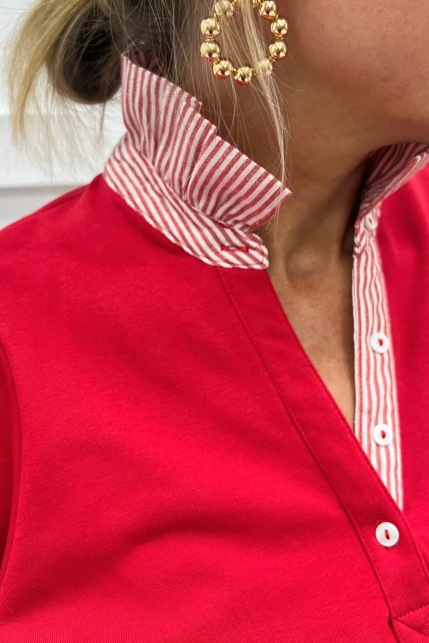 Fiery Red Striped Frilled Collar Short Sleeve Blouse