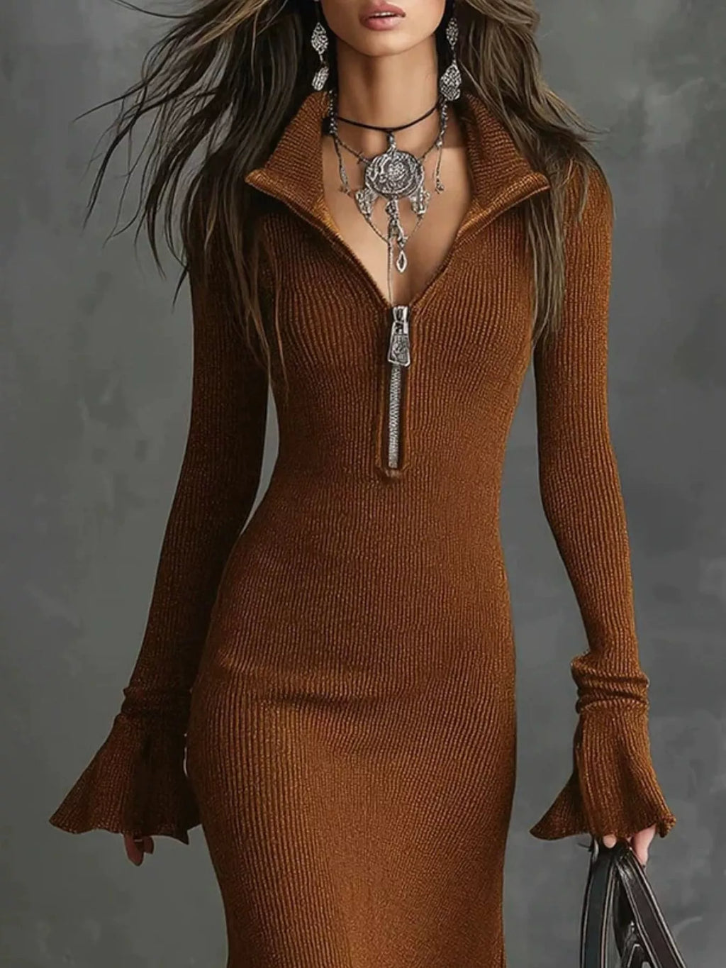 Full Size Quarter-Zip Mermaid Hem Knit Dress Plus Size