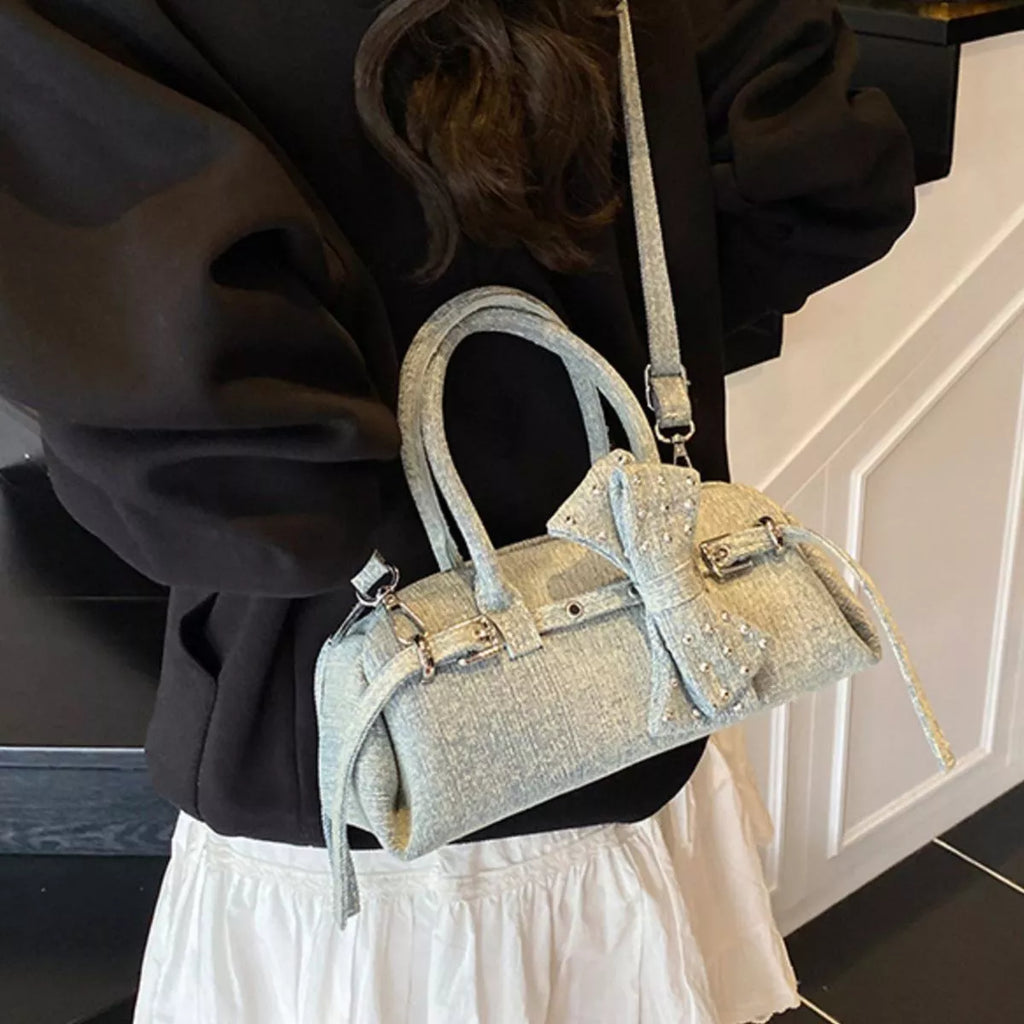Denim Bow Accent Crossbody Bag