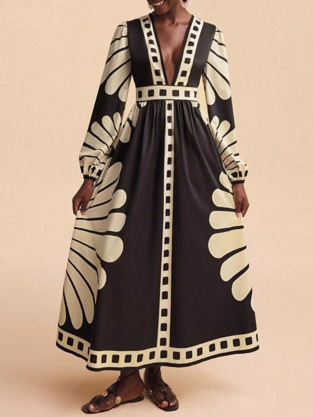 Printed Deep V-Neck Long Sleeve Dress