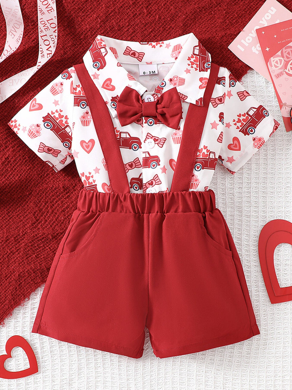 Children's Bowknot Decor Bodysuit and  Suspender Shorts Set