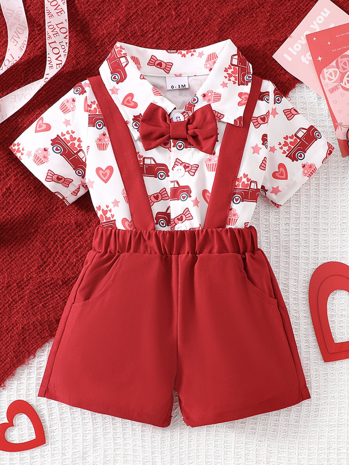 Children's Bowknot Decor Bodysuit and  Suspender Shorts Set